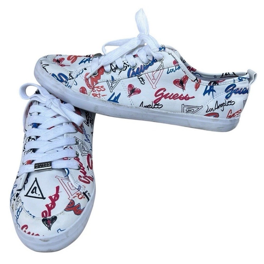 GUESS WGOODLY-SS Womens 11 Sneakers LA Graffiti Print White Red Blue Low Top